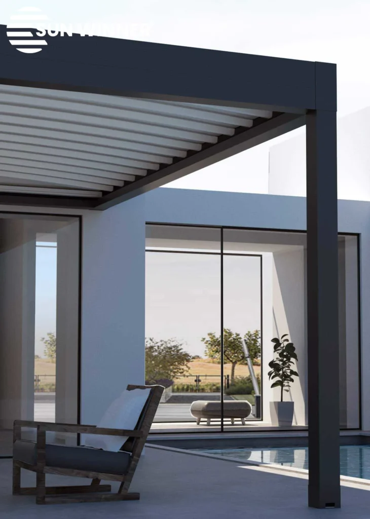 Pergola tarasowa tkaninowa z plaskim dachem WIN RAIN R600 06 LOGO